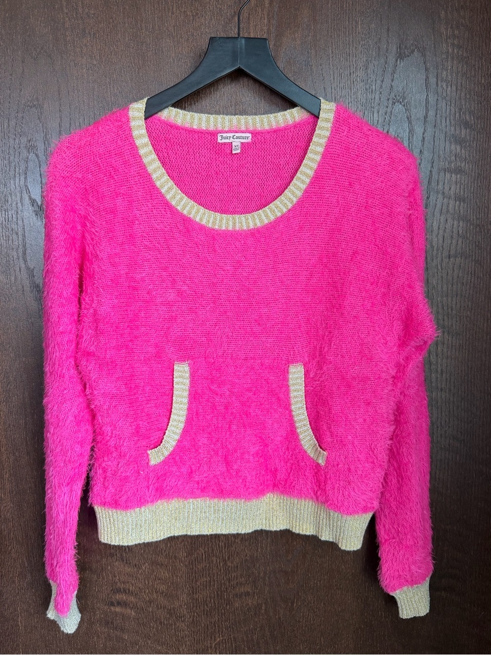 Juicy Couture Bright Pink Fuzzy Crewneck Sweater with Contrast Trim